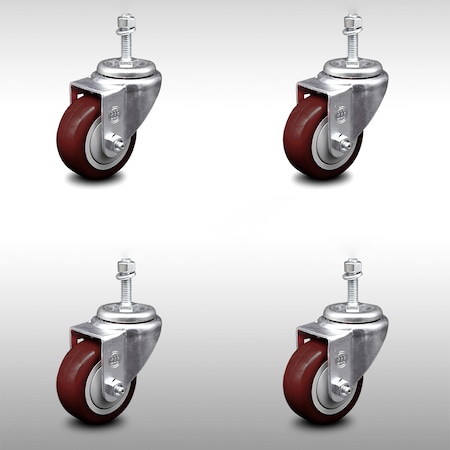 Service Caster 3 Inch SS Maroon Polyurethane Wheel Swivel 10mm Threaded Stem Caster Set SCC SCC-SSTS20S314-PPUB-MRN-M1015-4